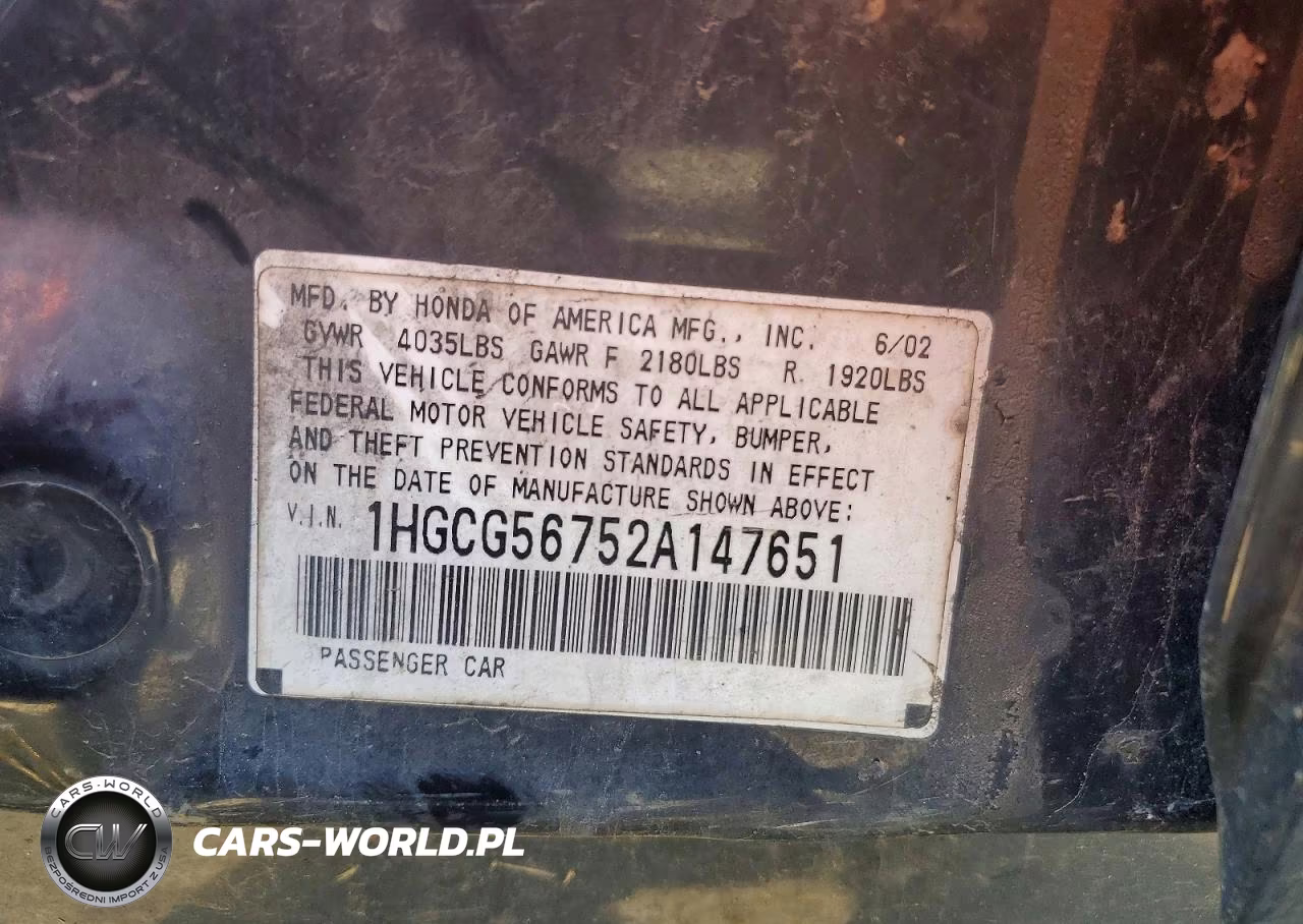 2002 Honda Accord Se VIN:1HGCG56752A147651 - 12