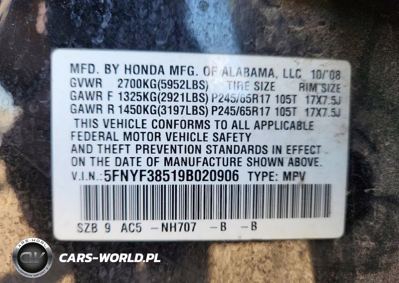 2009 Honda Pilot Exl VIN:5FNYF38519B020906 - 12