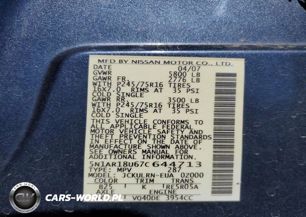 2007 Nissan Pathfinder S VIN:5N1AR18U67C644713 - 13