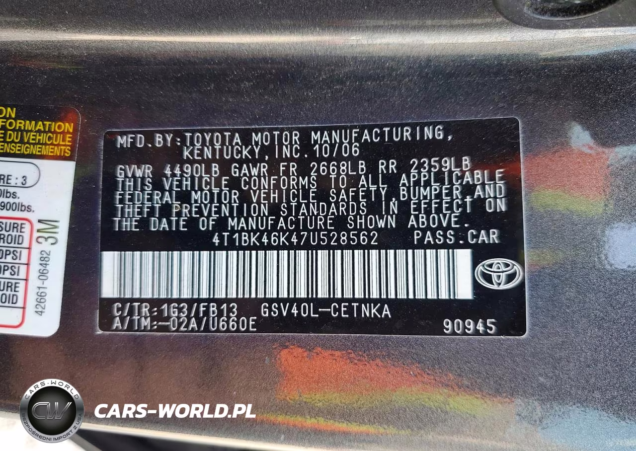 2007 Toyota Camry Le V6 VIN:4T1BK46K47U528562 - 12