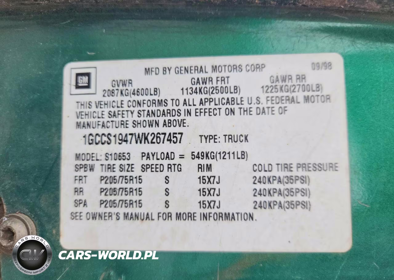 1998 Chevrolet S10 Ext VIN:1GCCS1947WK267457 - 12