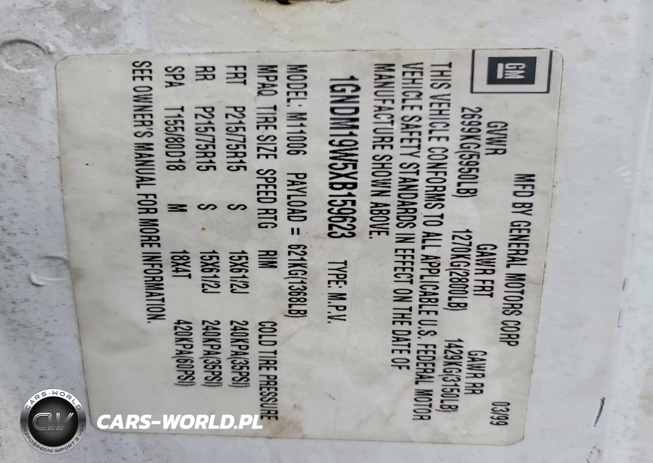 1999 Chevrolet Astro VIN:1GNDM19W5XB159623 - 13