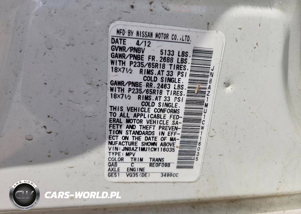 2012 Nissan Murano S VIN:JN8AZ1MU1CW116035 - 13