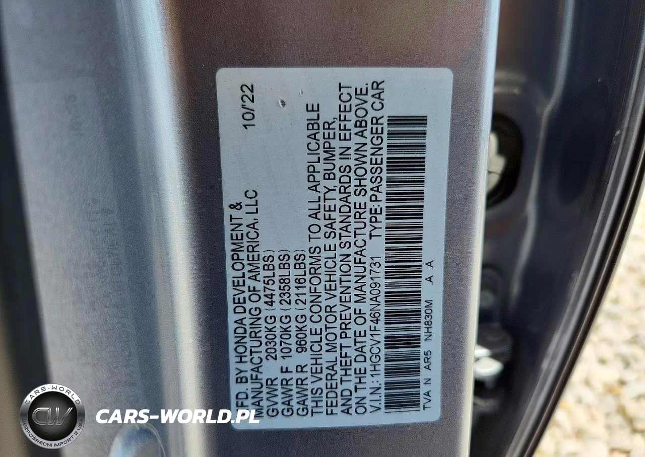 2022 Honda Accord Sport Se VIN:1HGCV1F46NA091731 - 12