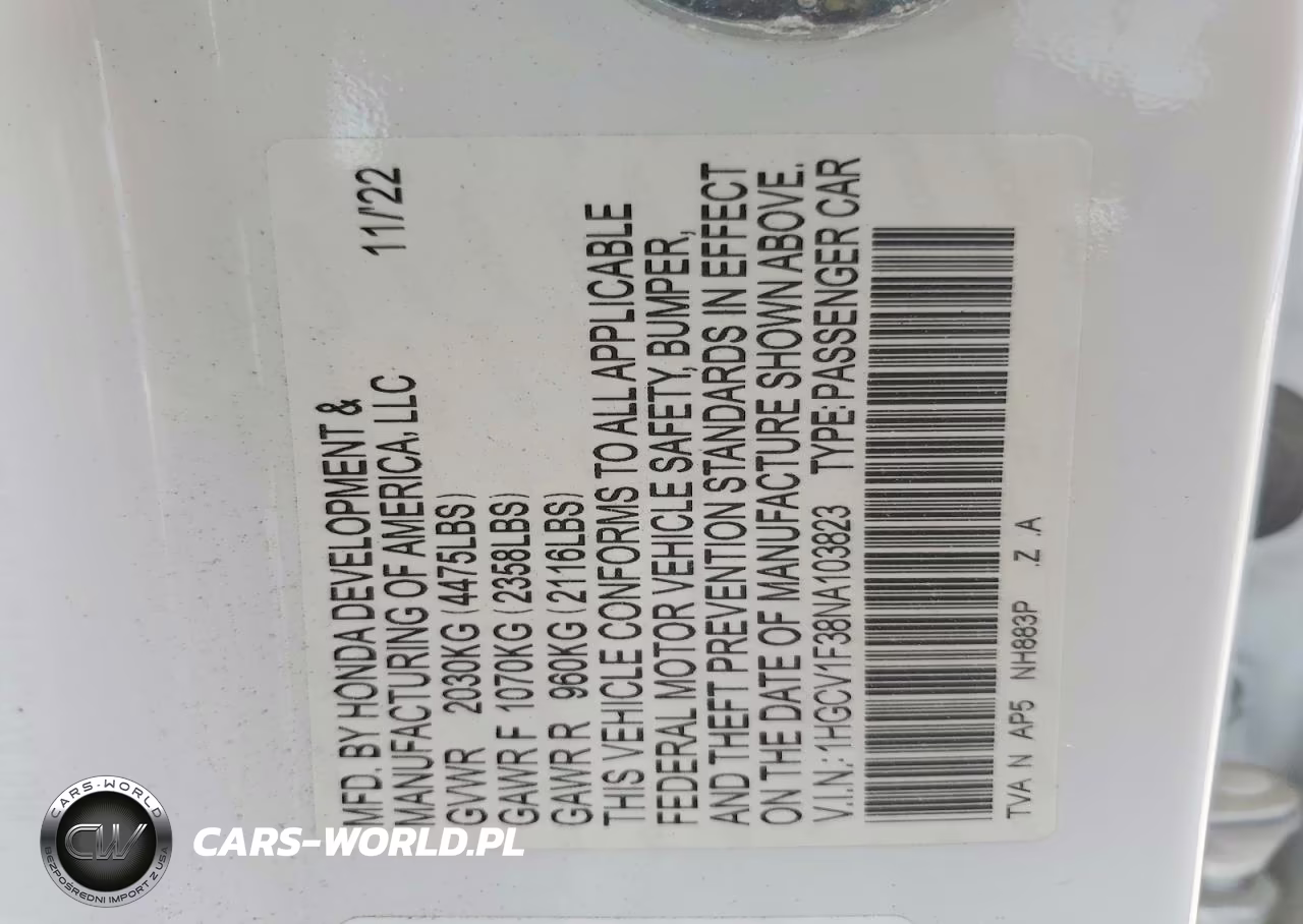 2022 Honda Accord Sport VIN:1HGCV1F38NA103823 - 12