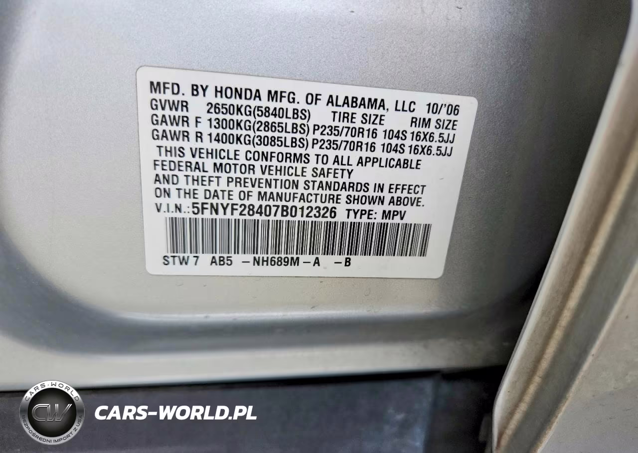 2007 Honda Pilot Ex VIN:5FNYF28407B012326 - 13