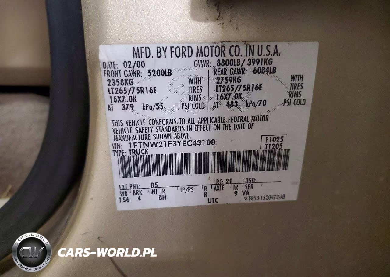 2000 Ford F250 Super Duty VIN:1FTNW21F3YEC43108 - 13