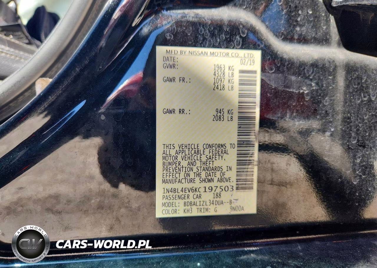 2019 Nissan Altima Sl VIN:1N4BL4EV6KC197503 - 12
