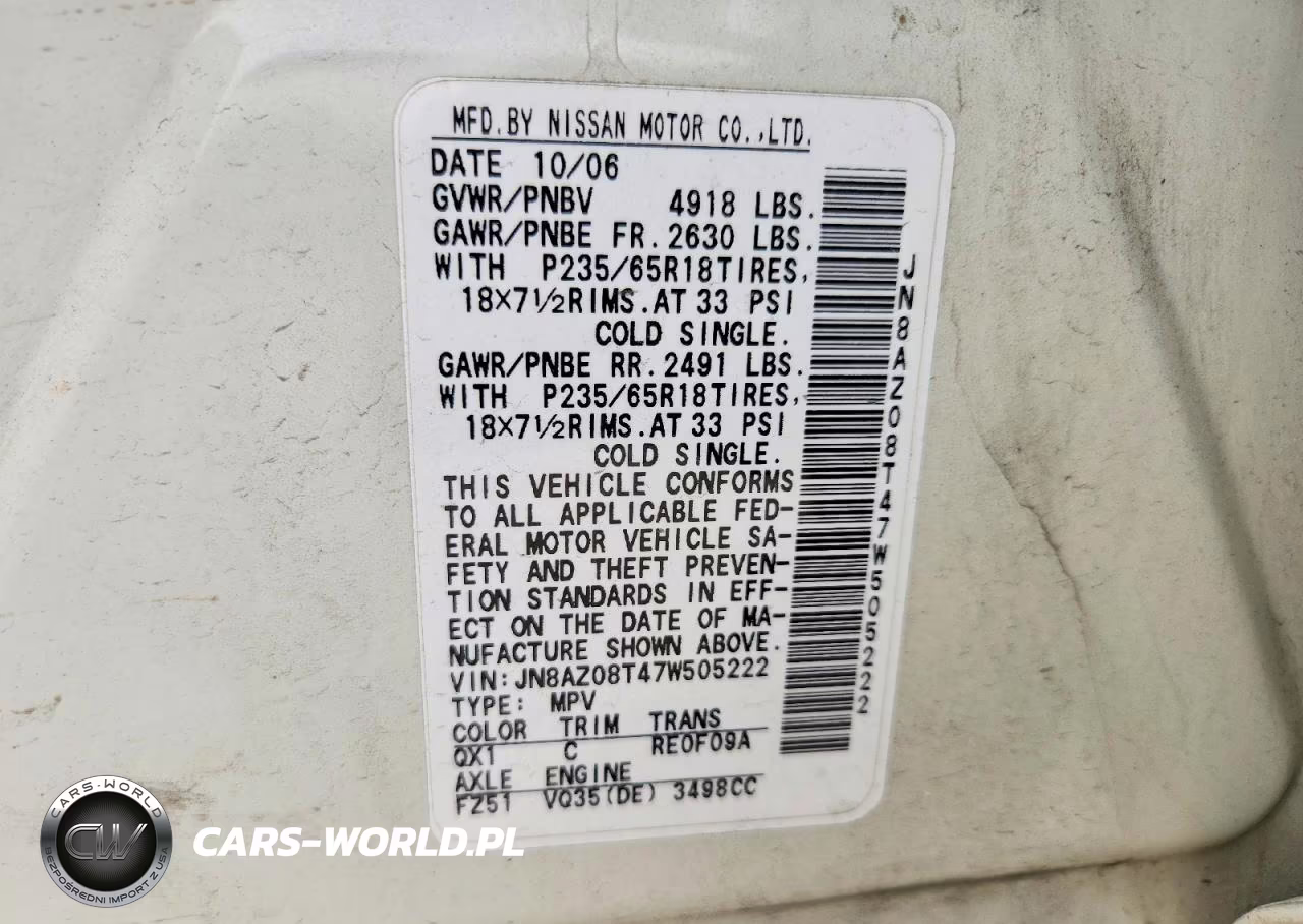 2007 Nissan Murano S VIN:JN8AZ08T47W505222 - 13