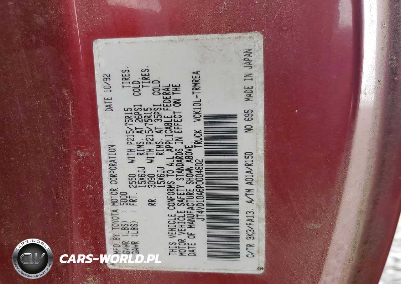 1993 Toyota T100 Base VIN:JT4VD10A6P0004802 - 12
