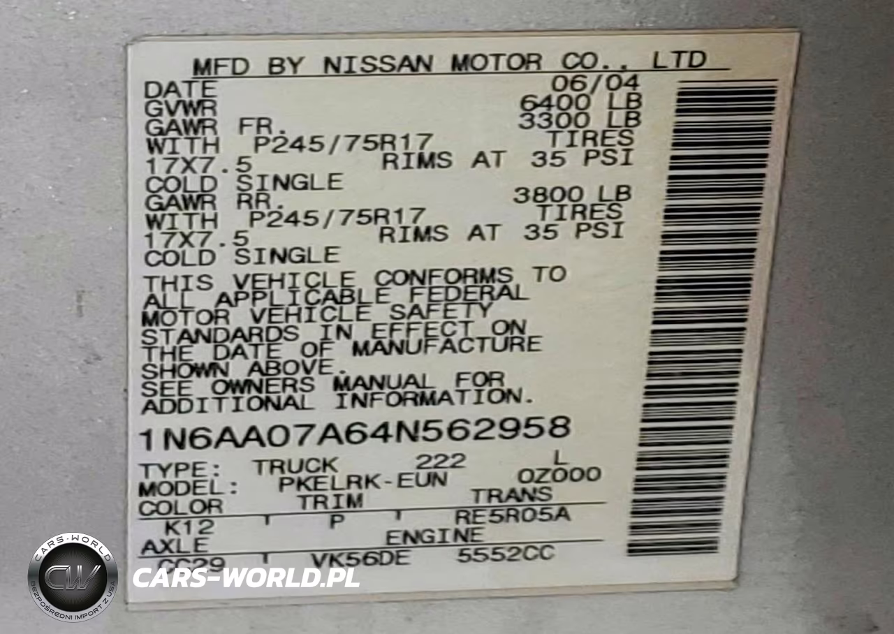 2004 Nissan Titan Xe VIN:1N6AA07A64N562958 - 12