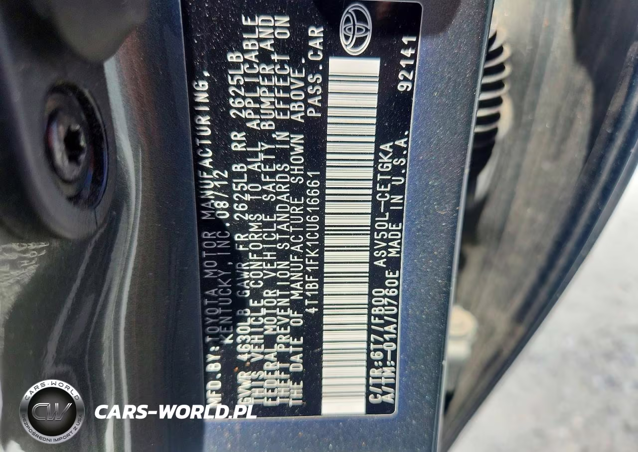 2012 Toyota Camry Xle VIN:4T1BF1FK1CU616661 - 12