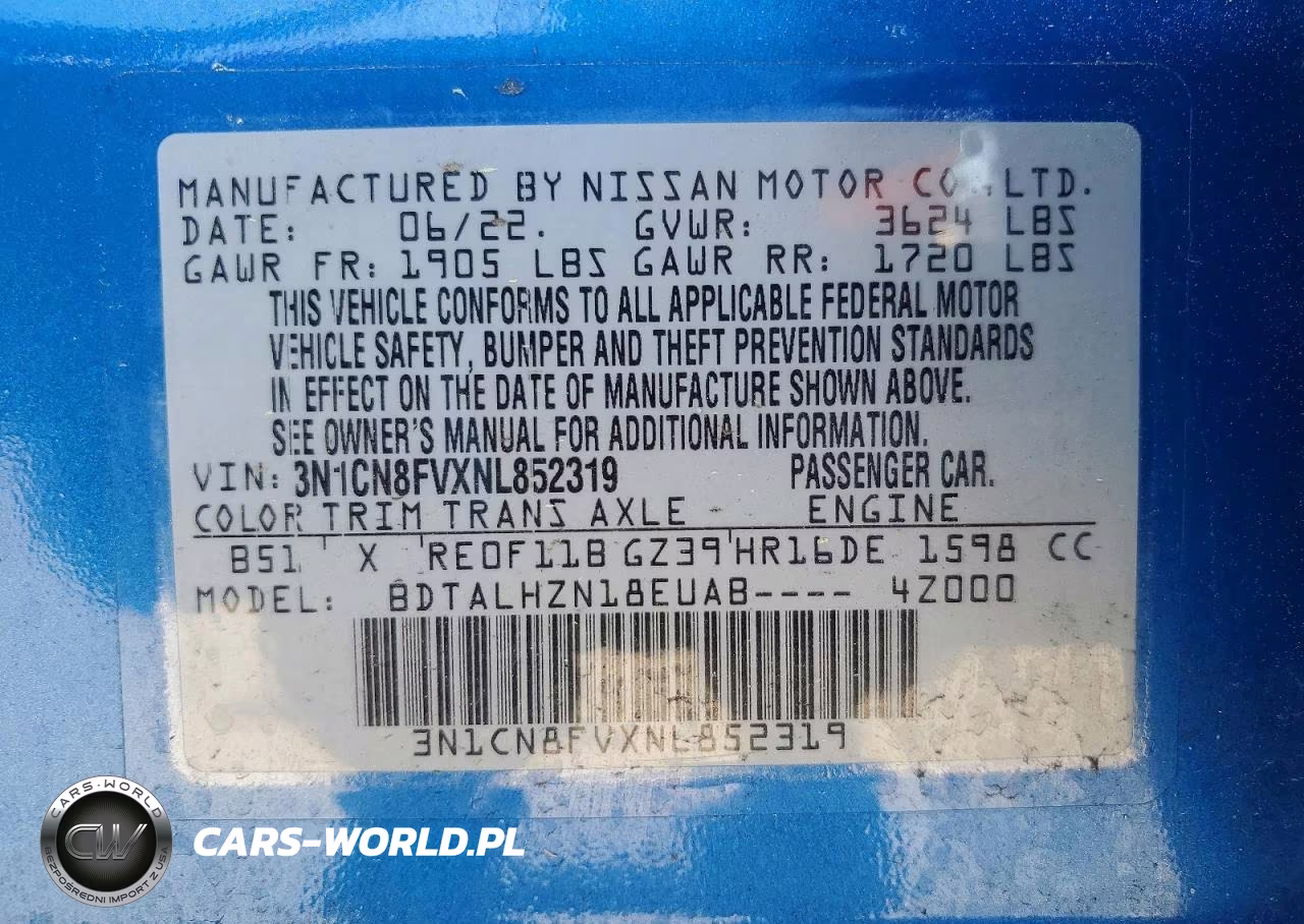 2022 Nissan Versa Sr VIN:3N1CN8FVXNL852319 - 12