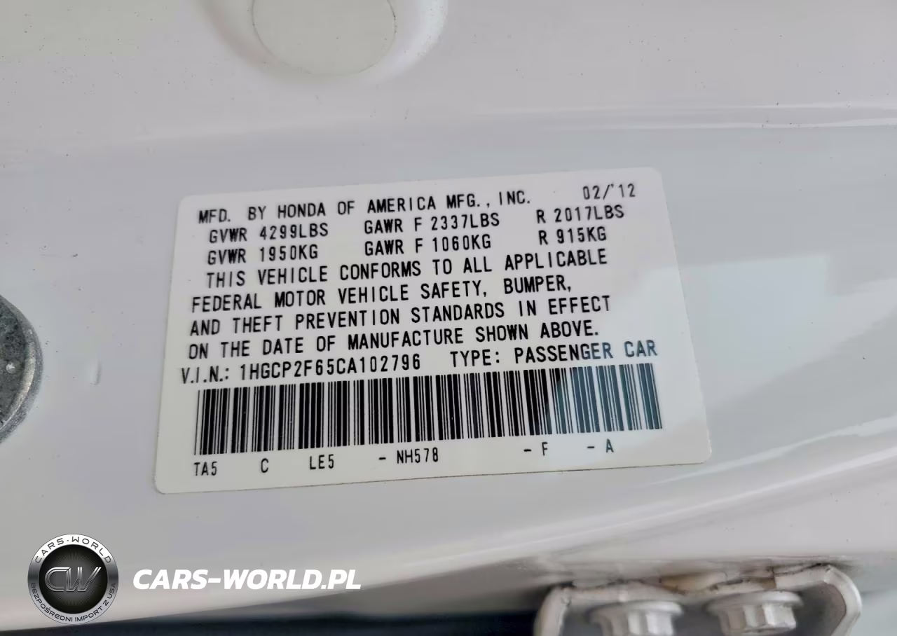 2012 Honda Accord VIN:1HGCP2F65CA102796 - 12
