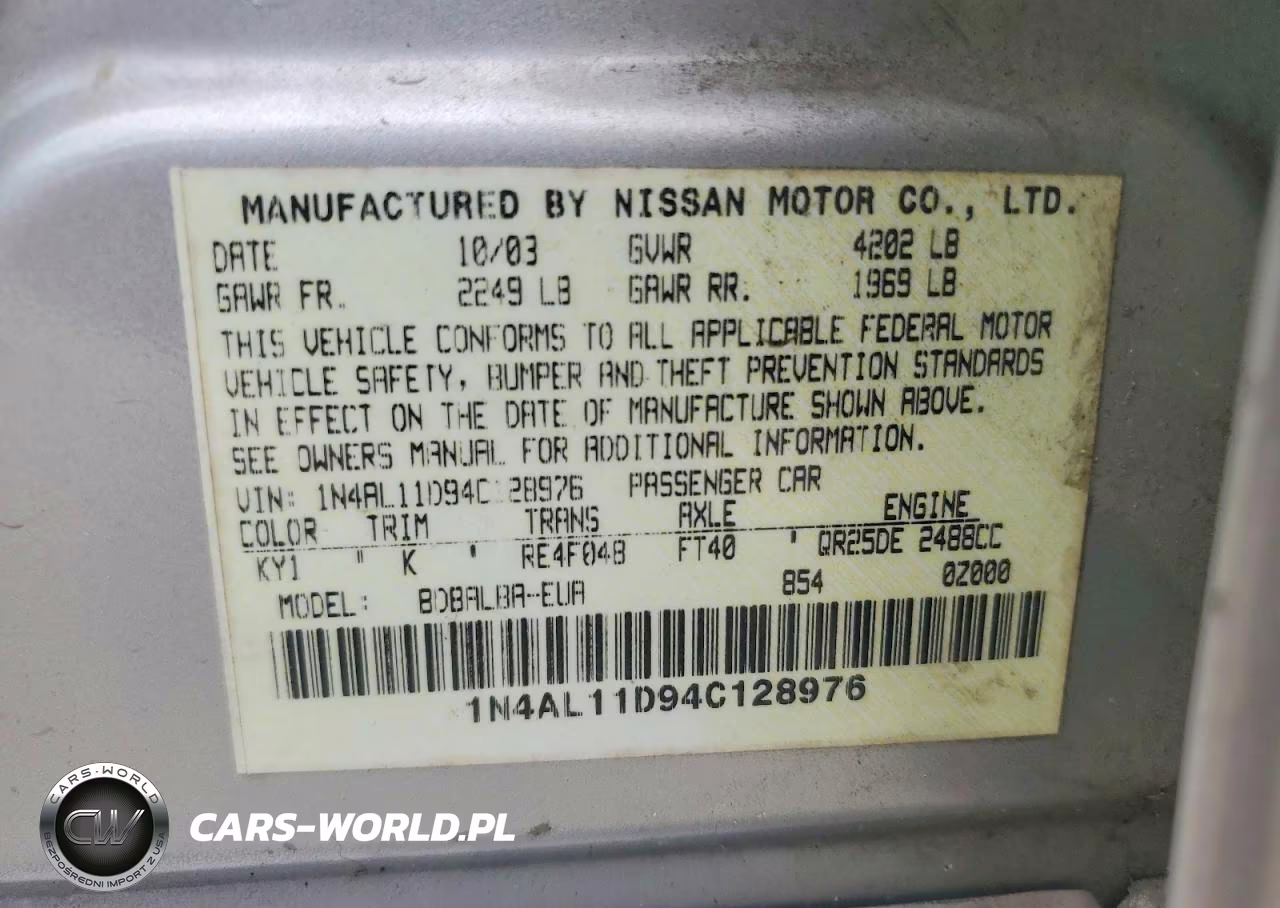 2004 Nissan Altima 2.5 VIN:1N4AL11D94C128976 - 13