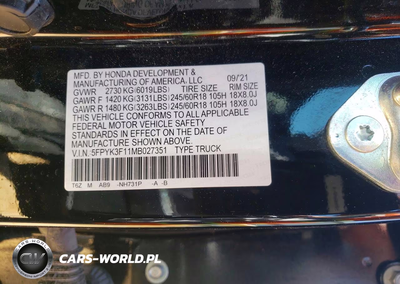 2021 Honda Ridgeline Sport VIN:5FPYK3F11MB027351 - 12