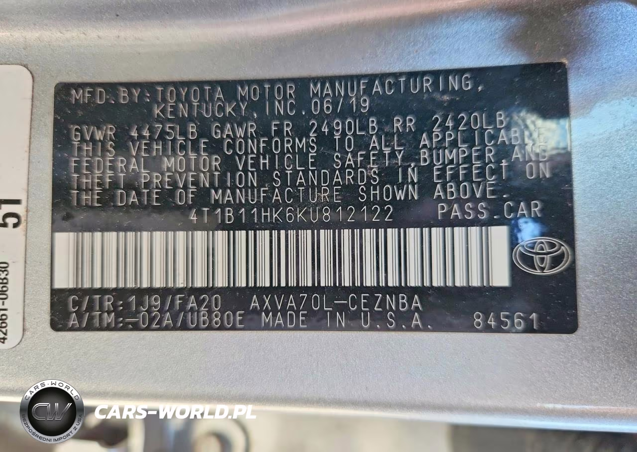 2019 Toyota Camry Le VIN:4T1B11HK6KU812122 - 12