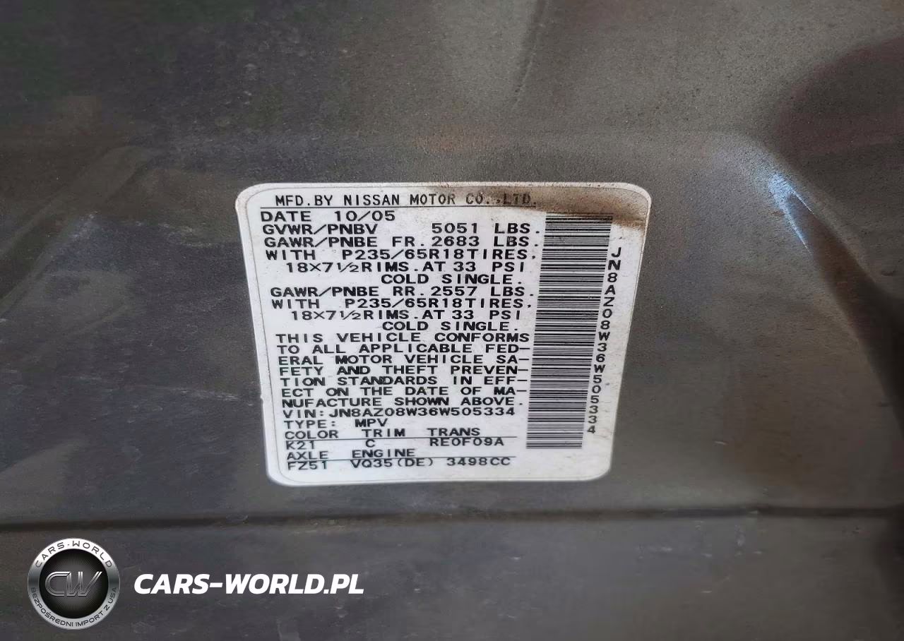 2006 Nissan Murano S VIN:JN8AZ08W36W505334 - 13