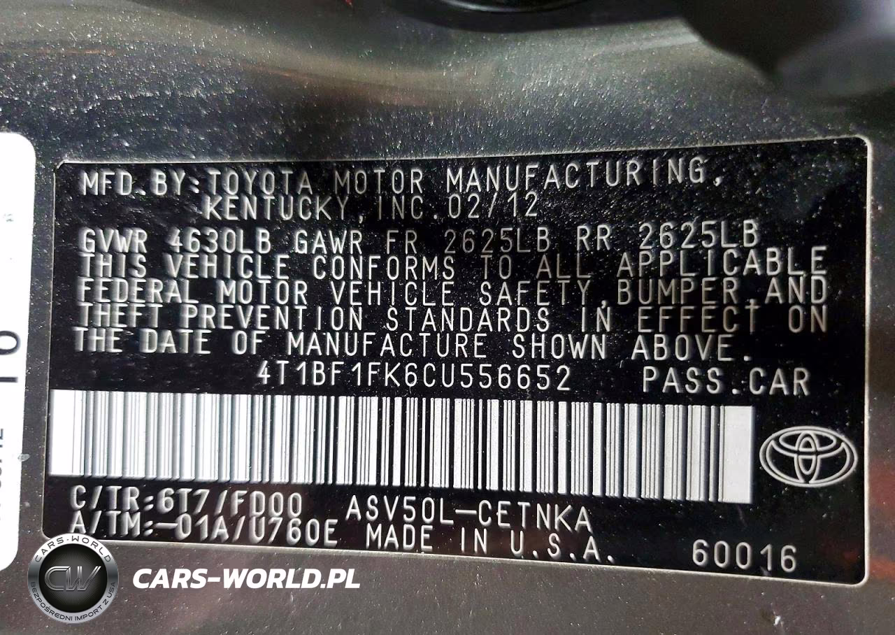2012 Toyota Camry Le VIN:4T1BF1FK6CU556652 - 12