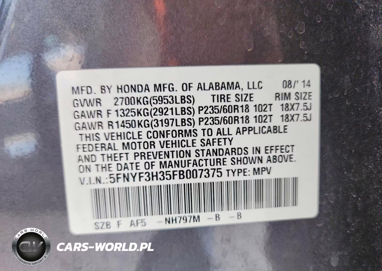2015 Honda Pilot Se VIN:5FNYF3H35FB007375 - 13