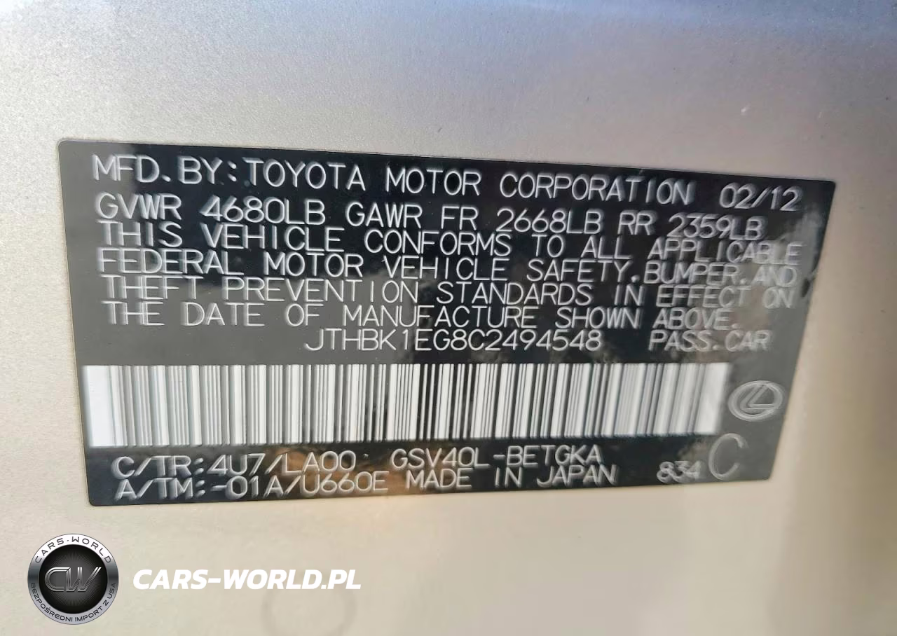 2012 Lexus Es 350 VIN:JTHBK1EG8C2494548 - 12