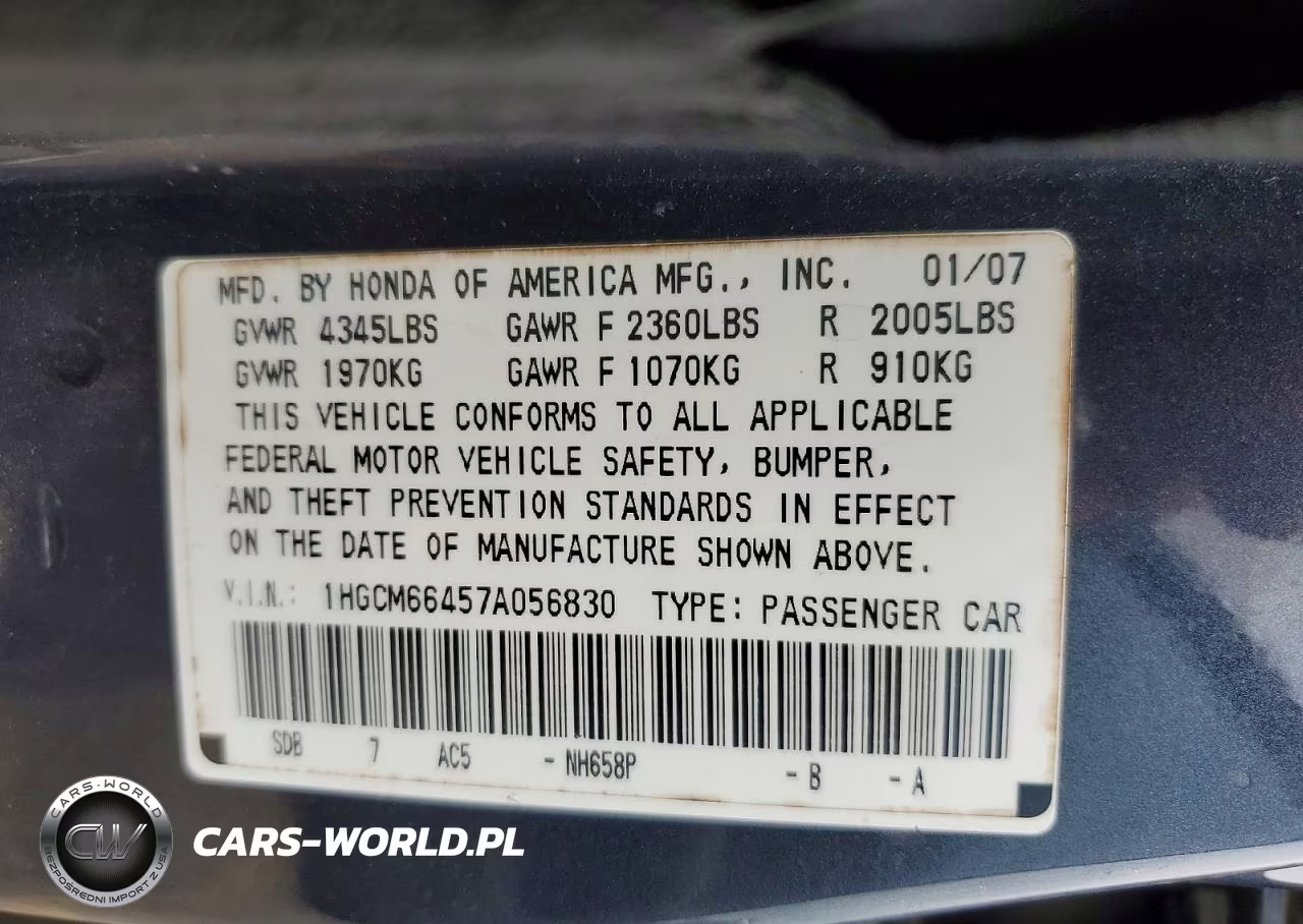 2007 Honda Accord Se VIN:1HGCM66457A056830 - 13
