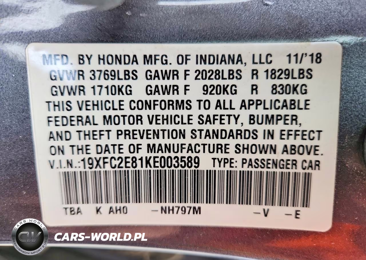 2019 Honda Civic Sport VIN:19XFC2E81KE003589 - 12