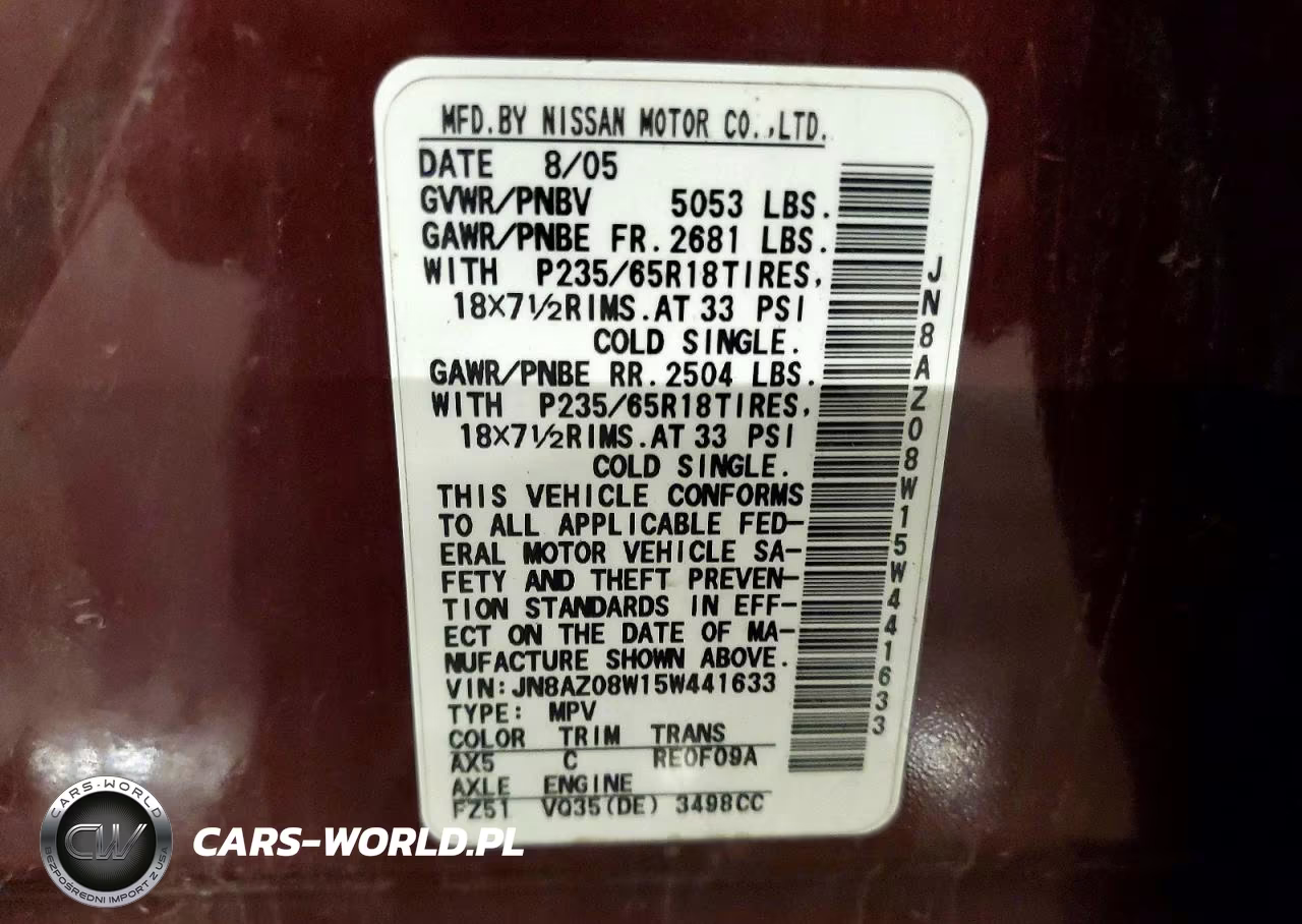 2005 Nissan Murano S VIN:JN8AZ08W15W441633 - 13