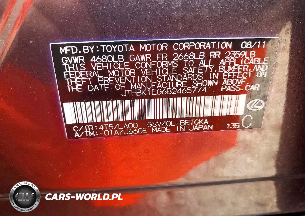 2011 Lexus Es 350 VIN:JTHBK1EG6B2465774 - 12