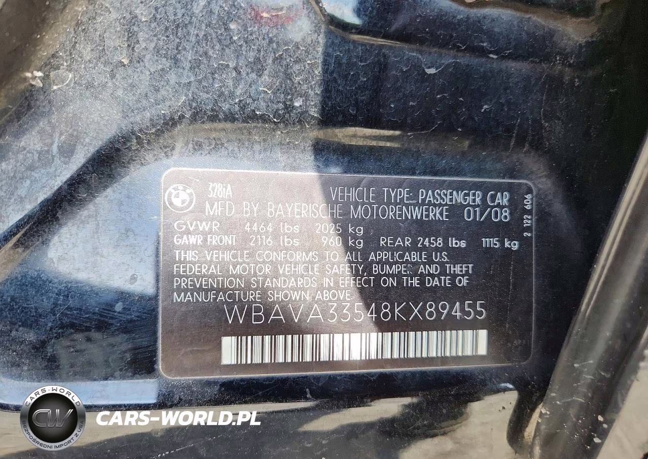 2008 BMW 3 Series VIN:WBAVA33548KX89455 - 12