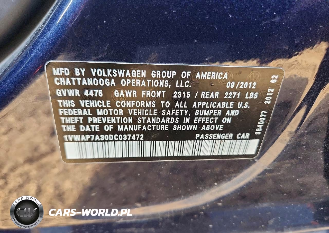 2013 Volkswagen Passat S VIN:1VWAP7A30DC037472 - 12