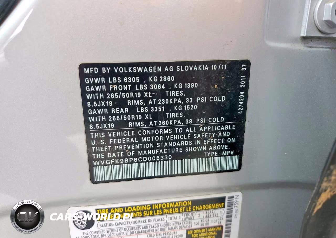 2012 Volkswagen Touareg V6 Tdi VIN:WVGFK9BP6CD005330 - 12