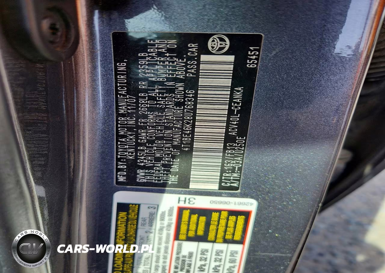 2008 Toyota Camry Le VIN:4T1BE46K28U768346 - 12