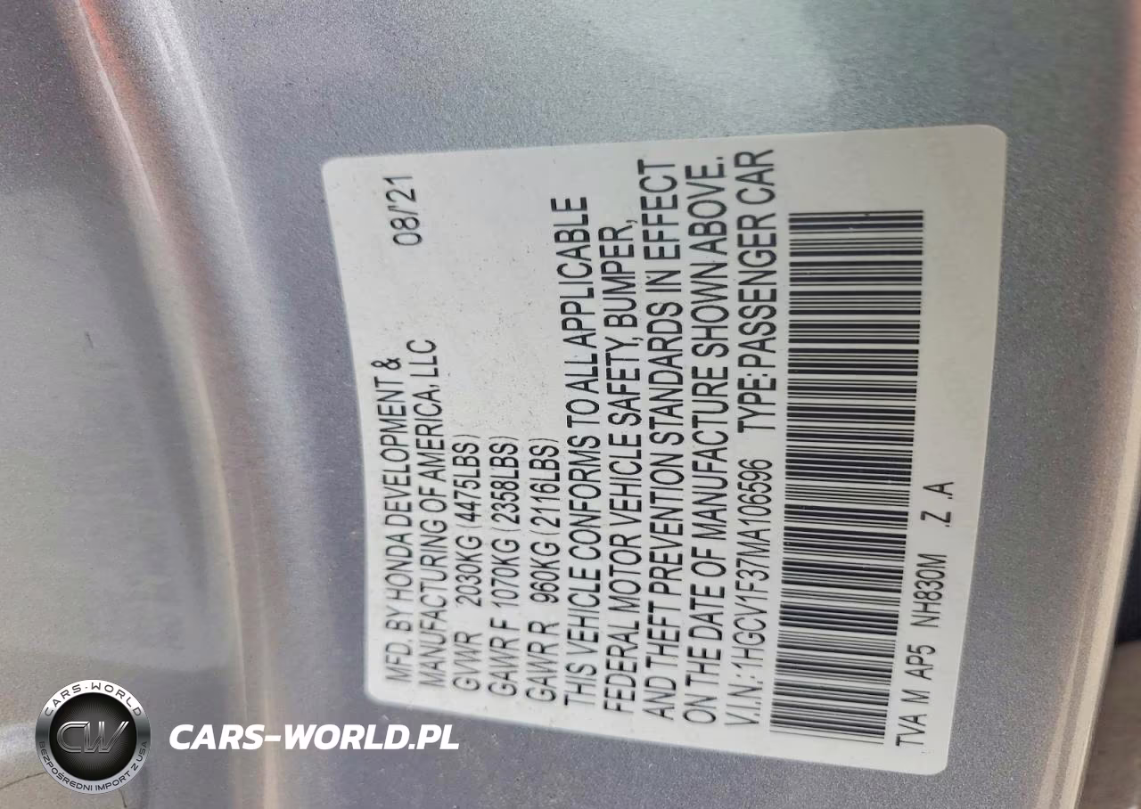 2021 Honda Accord Sport VIN:1HGCV1F37MA106596 - 12