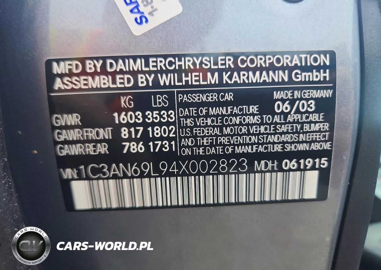 2004 Chrysler Crossfire Limited VIN:1C3AN69L94X002823 - 12
