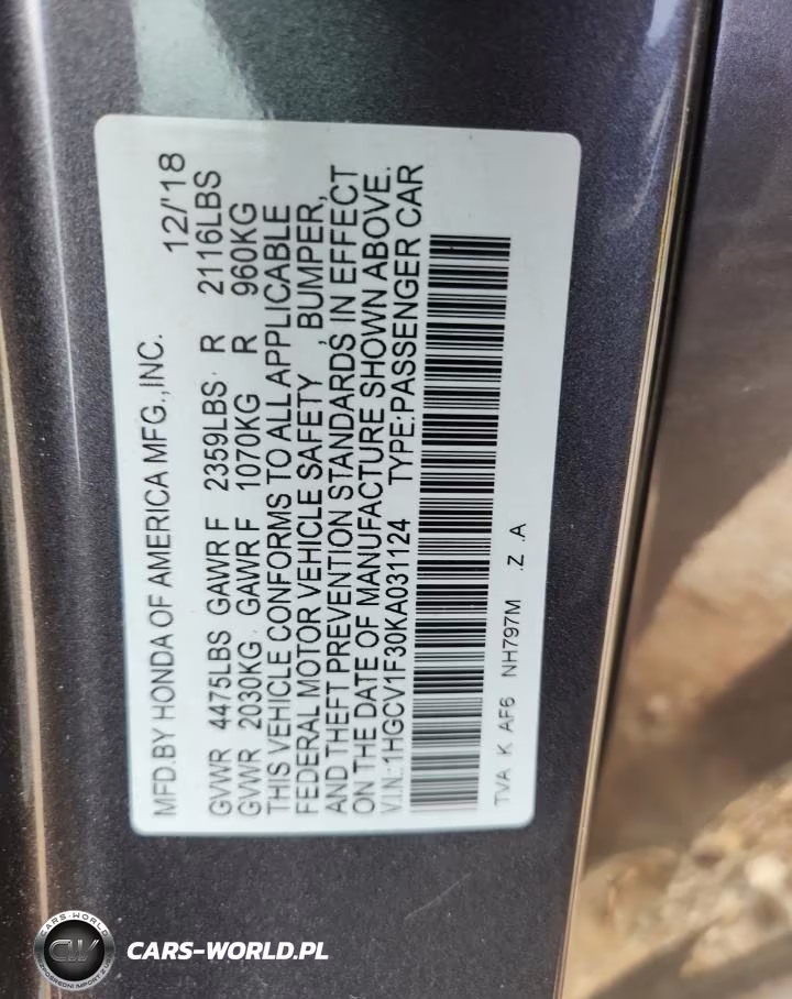 2019 Honda Accord Sport VIN:1HGCV1F30KA031124 - 12