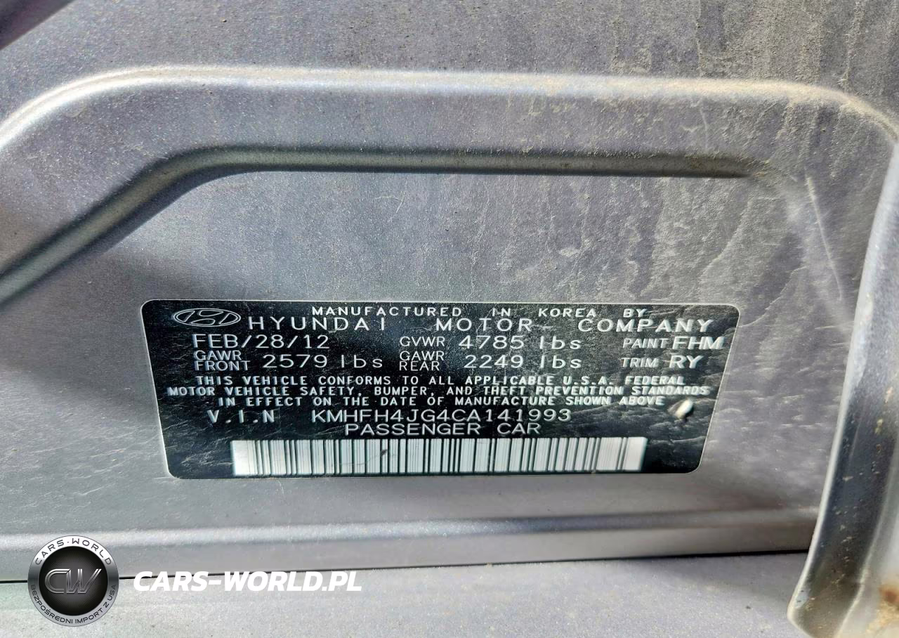2012 Hyundai Azera Base VIN:KMHFH4JG4CA141993 - 12
