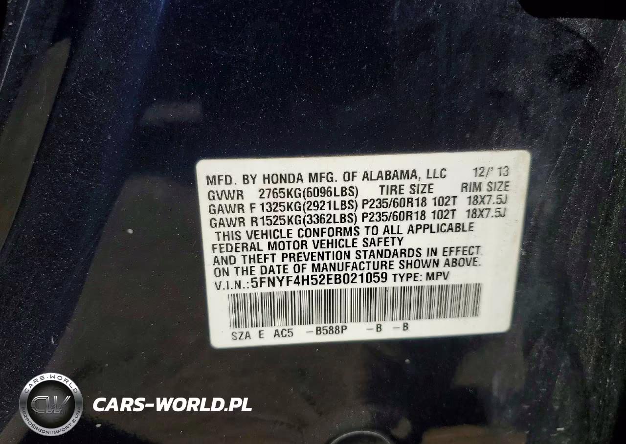 2014 Honda Pilot Exl VIN:5FNYF4H52EB021059 - 12
