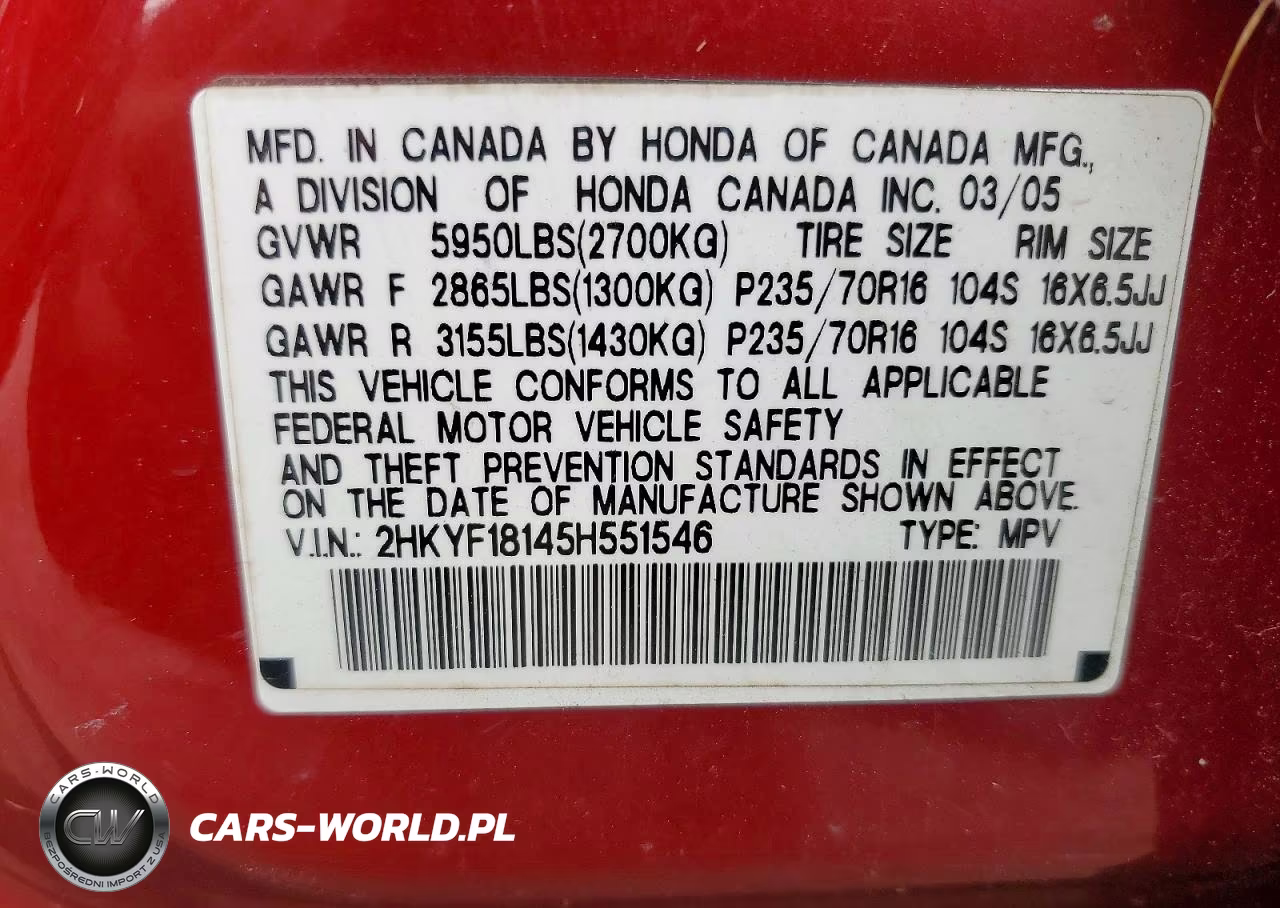 2005 Honda Pilot Lx VIN:2HKYF18145H551546 - 13
