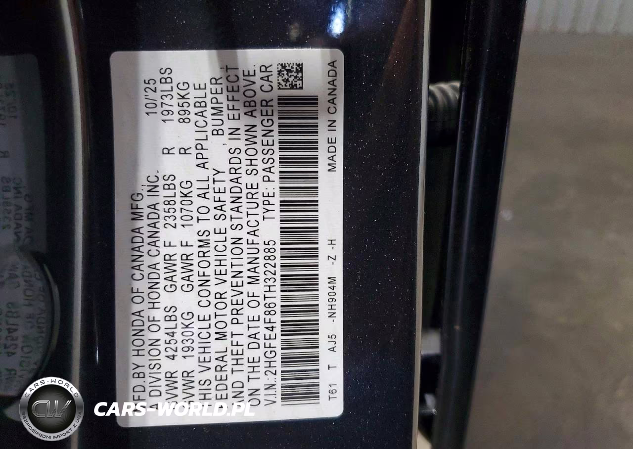 2026 Honda Civic Sport VIN:2HGFE4F86TH322885 - 13