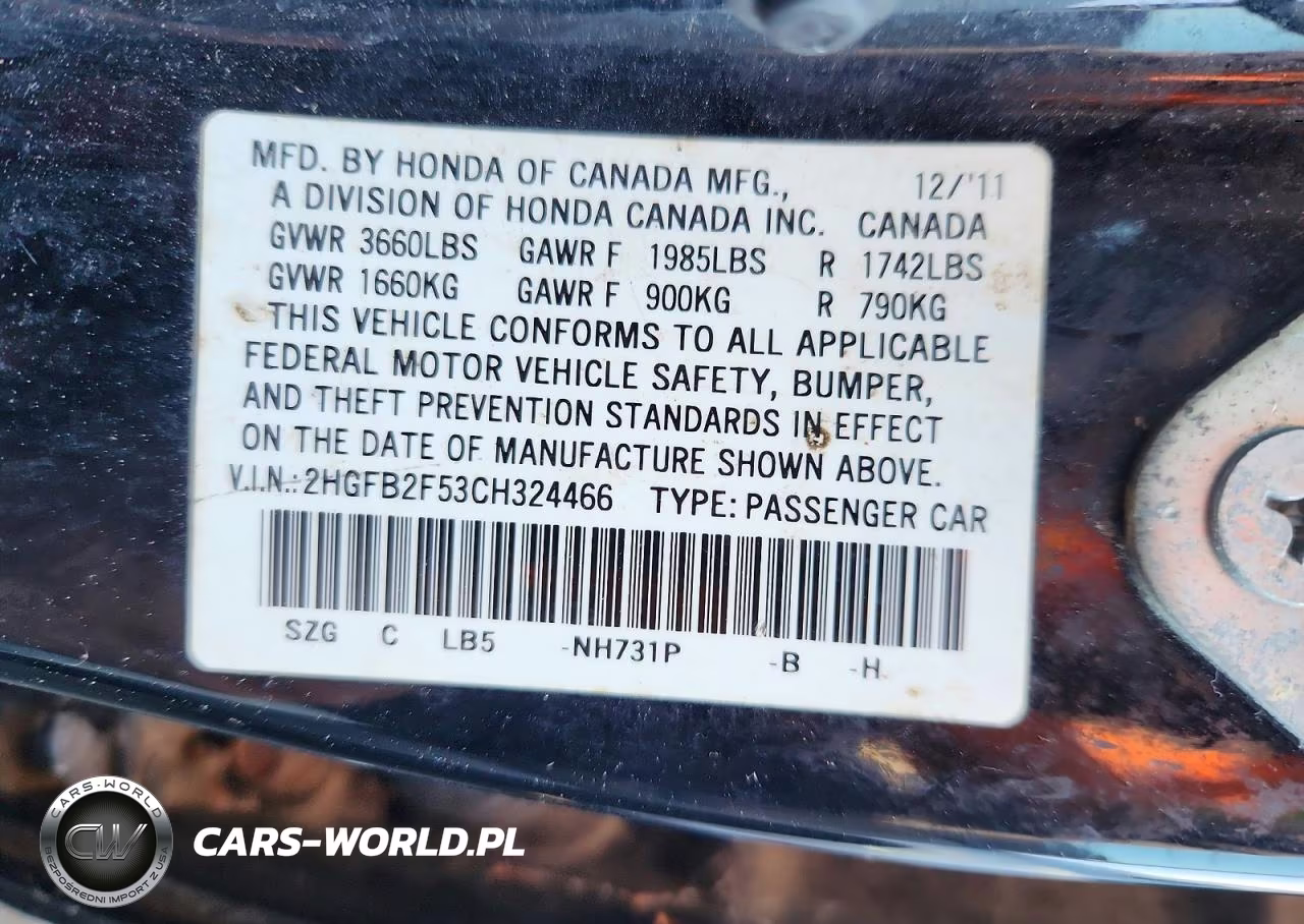2012 Honda Civic Lx VIN:2HGFB2F53CH324466 - 12