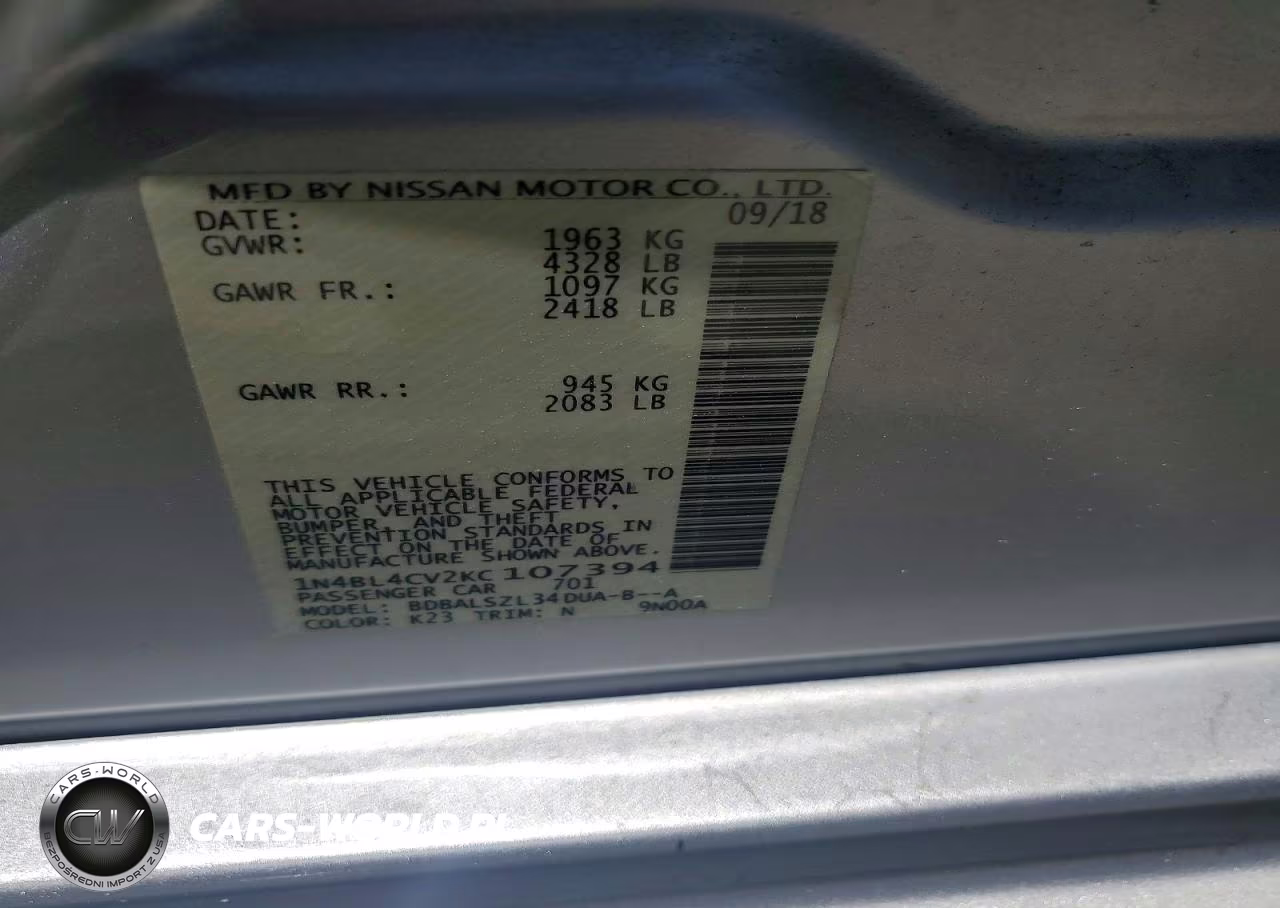 2019 Nissan Altima Sr VIN:1N4BL4CV2KC107394 - 12