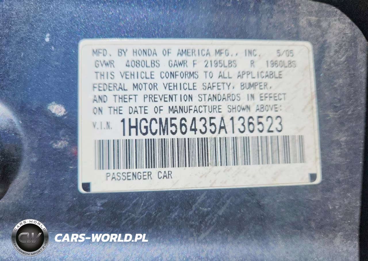 2005 Honda Accord Lx VIN:1HGCM56435A136523 - 12