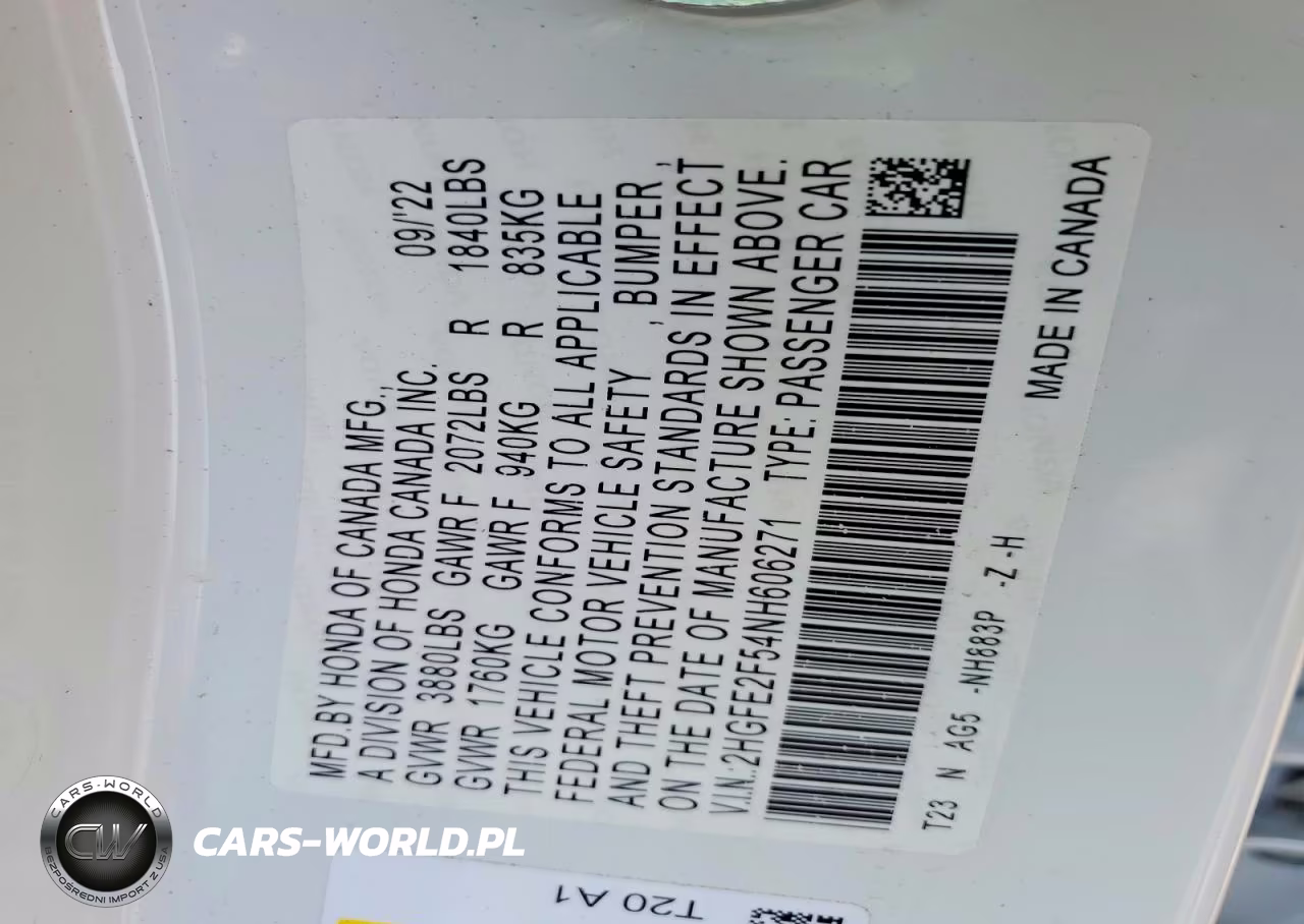 2022 Honda Civic Sport VIN:2HGFE2F54NH606271 - 13
