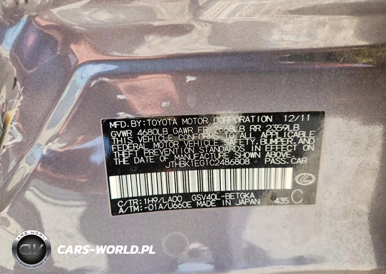 2012 Lexus Es 350 VIN:JTHBK1EG1C2486808 - 12