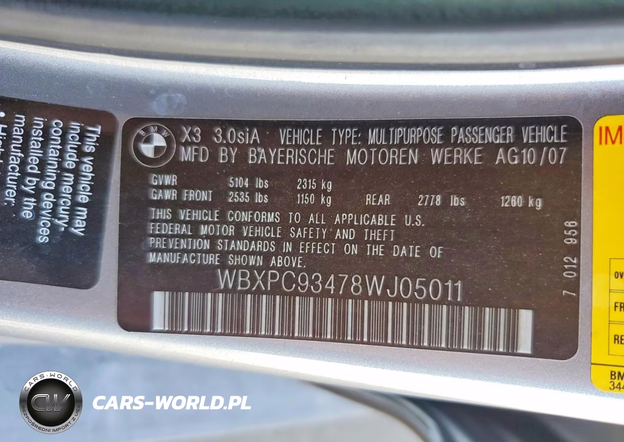 2008 BMW X3 3.0Si VIN:WBXPC93478WJ05011 - 13