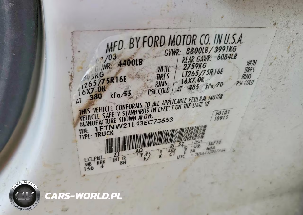 2003 Ford F250 4Wd VIN:1FTNW21L43EC73653 - 12