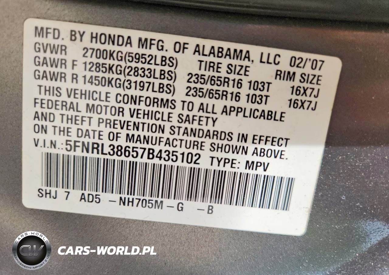 2007 Honda Odyssey Exl VIN:5FNRL38657B435102 - 13