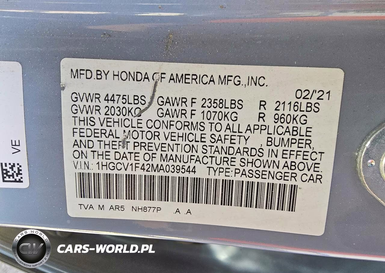 2021 Honda Accord Sport Se VIN:1HGCV1F42MA039544 - 12