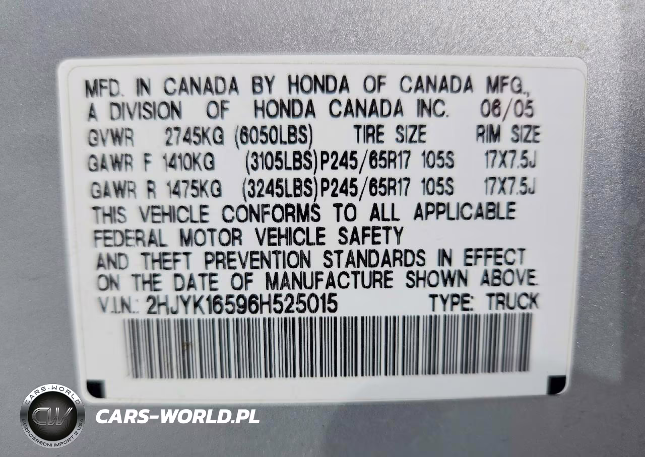 2006 Honda Ridgeline Rtl VIN:2HJYK16596H525015 - 12